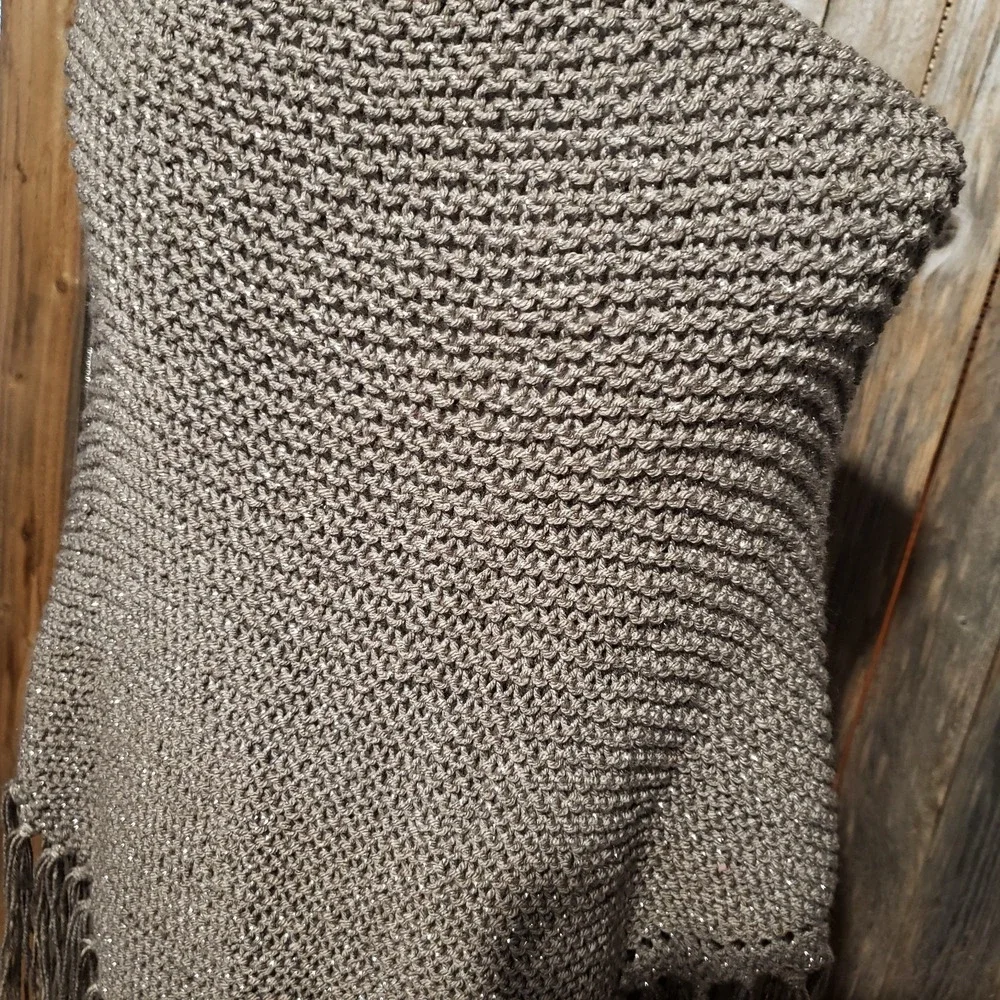 NEW‎ Taupe Metallic Hand Knitted Shawl Wrap Scarf Boho Hippie Fringe Art Cottage